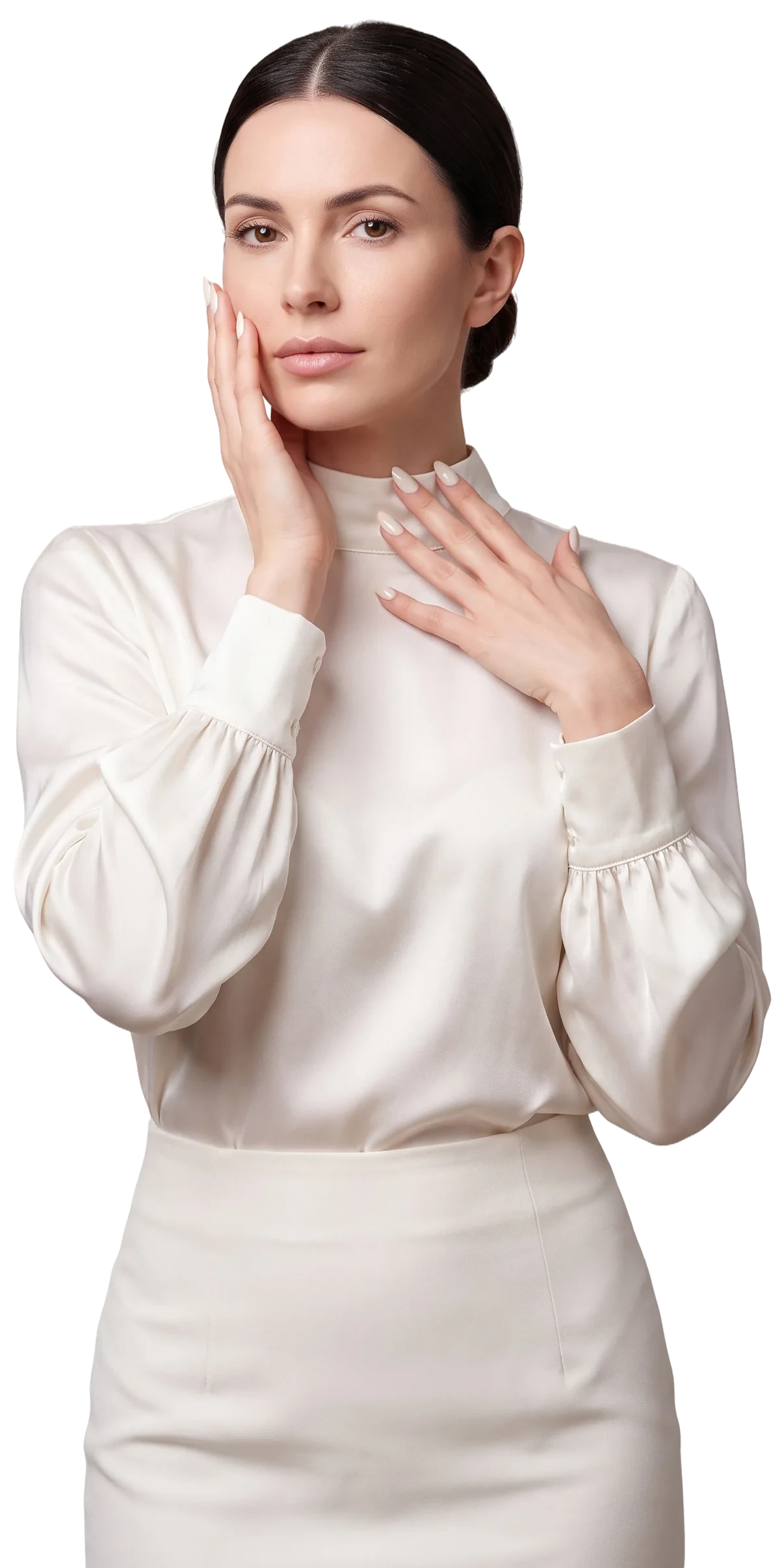 Almond press-on nails in milky white, worn by a model cupping her cheek with her fingertips resting at her collarbone